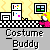 Animated sequence of a cartoon character in pink outfit with yellow hair performing actions against checkered and patterned background, text "Costume Buddy" below.
