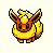 Pixel art of a yellow-orange Pokémon-like creature with flame accents in two slightly different poses on a white background.