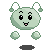 Pixelated green character with rounded head, two antennae, and four floating orbs; mouth alternates between open smile and closed smile across frames.