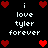 Pixel art icon with black background displaying white text "i love tyler forever" surrounded by red heart symbols in various arrangements.