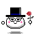 Pixelated character with white face, black top hat with blue band, glasses, pink cheeks, and red rose prop in four variations showing subtle pose changes.