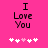 Pixelated text "I Love You" on bright pink background with five white and one light pink heart symbols below.