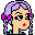 Pixel art of a character with light purple hair, pink bows, and red lips in two expressions: one squinting left eye, the other smiling closed eyes.