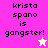 Pixelated text 'krista spano is gangster!' appears across four quadrants with two star icons on pink and cream backgrounds.