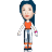 Pixelated character with dark blue hair, orange crop top, light blue pants, and orange shoes against gray background.