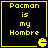 Four identical black square with yellow borders display "Pacman is my Hombre" text and a Pac-Man ghost icon in the bottom-right corner
