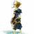 Pixelated figure in profile view wearing dark blue dress with red accents and light brown hair, standing against white background.