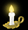 Animated candle icon with flickering flame on golden holder against black background