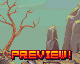 Pixel art scene with barren tree, rocky formations, and teal background featuring bold red-orange 'PREVIEW!' text at bottom.
