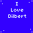 Blue background with white pixelated text "I Love Dilbert" repeated in a pattern, scattered white dots resembling stars