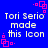 Blue background with white pixelated text reading 'Tori Serio made this icon' and pink square-based animation elements in four corners.
