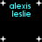 Pixelated cyan text 'alexis' above 'leslie' on black background with white stars, varying star positions across frames.