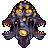 Pixelated creature with dark gray body, multiple yellow eyes, purple accents on limbs, and yellow-tipped appendages against gray background.