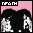 Animated contact sheet of a pixelated icon featuring two figures with black hair against pink background, displaying text fragments "DEATH", "FROM", "ABOVE", and "1979" across frames.