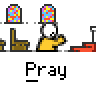 Animated contact sheet of a yellow stick figure praying in front of a toilet with stained-glass windows, showing frame-by-frame motion and text changes.