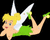 Pixelated cartoon fairy with yellow hair, white wings, green dress, and light skin flying against black background.