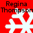 Red background with white snowflake icons and black text reading "Regina Thompson" in two