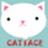 Pixelated white cat face with pink inner ears and nose, black eyes on light blue background; red pixelated text 'CATTACK' below. Right side shows red pixelated text 'Silly Catface!!' on solid dark blue.