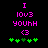 Pixelated text and symbols in pink and green on black background with animated heart pattern change.