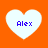 Four white heart shapes on an orange background, each containing the text "Alex" in blue pixelated font.