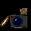 Pixelated camera icon with lens, flash, and lens flare animation