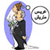 Pixelated figure with brown hair in a white shirt and black pants holding a bouquet of flowers, standing inside a blue circular frame with a speech bubble containing unreadable text.