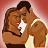 Two people in a close embrace, one with long brown hair and the other with short dark hair, against a red gradient background.