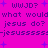 Pixelated text repeats 'WWJD? what would jesus do? jesussssss' on a bright pink background with scattered blue plus signs.