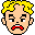 Pixel art head with yellow hair, black eyebrows, white eyes, and red mouth in three expressions: open-mouthed anger, neutral face, closed-eye smile.