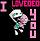 Pixelated icon with a central figure holding a green object, flanked by pink text elements on dark background.