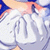 Pixelated anime-style character with white hair and blue accents, wearing a light-colored outfit against a background of orange and dark blue shapes.