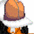 Pixelated cartoon character in orange outfit with white trim, wearing a large brown hat and black sunglasses across three animation frames showing slight pose changes.