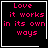 Four black square with white borders display pink pixelated text reading "Love it works in its own ways"; two include small white symbols