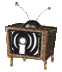 A vintage television set with brown wooden casing, two antennae, and a black screen displaying white concentric circles around a central white shape.