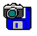 Pixelated blue and gray camera icon with teal lens displaying various symbols including swastikas, snowflakes, and dots across four