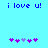 Blue text 'i love u!' appears above two of purple and light-purple pixelated heart icons on a cyan background
