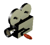 Animated 3D film camera icon with rotating reels and a red lever, displayed in a of four and four on gray background