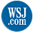 Blue circular icon with white text reading 'WSJ.com' in a pixelated font, centered on a solid blue background.