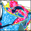 A pixelated abstract composition of swirling blue, pink, and yellow shapes with white star-like sparkles on a gray background.