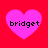 Four pink heart shapes on a red background, each containing the text 'bridget' in black pixelated font.