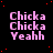 Pixelated text 'Chicka Chicka Yeahh' repeated in a on black background with red dots, one empty