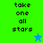 Four display 'take one all stars' text with pixelated blue and green star icons on colored backgrounds