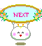 Four animated frames of a pixel art buddy icon featuring a white character with pink cheeks and a light blue oval balloon reading NEXT in pink text, surrounded by floral decorations.