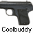 Pixelated static image of a dark gray pistol with visible trigger and grip, positioned horizontally above the text "Coolbuddy" in blocky pixel font on white background.