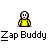 Animated contact sheet of a yellow stick figure character with changing head features and particle effects, labeled "Zap Buddy" across all frames on a gray background.