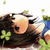 A pixelated anime-style character with long dark hair lies on a surface, wearing a blue top and green shorts, with a four-leaf clover near their head.