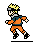 Pixel art character in orange and blue outfit running left, then turning right with arms bent.