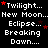 Black background with white pixelated text repeating 'Twilight... New Moon... Eclipse... Breaking Dawn...' in four , each line preceded by a red star, with a gray square in the bottom-right corner