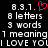 Pixelated text displays '8.3.1.' with a pink heart symbol above it, followed by '8 letters', '3 words', '1 meaning', and 'I LOVE YOU' in white on black background.