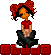 Pixel art character with red hair in pigtails, red shirt, black pants, and white shoes, standing above red block letters on gray background.